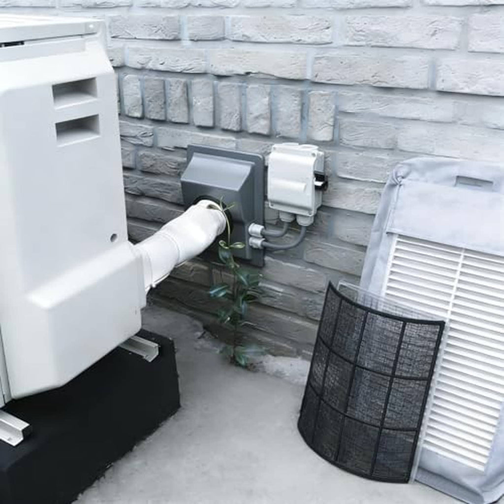White wall-mounted line cover kit with insulated pipe connections and cover plates