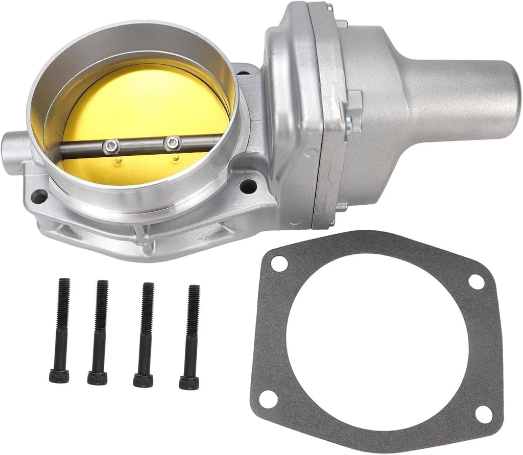 90mm throttle body kit with gold throttle bore, gasket plate, and four black screws