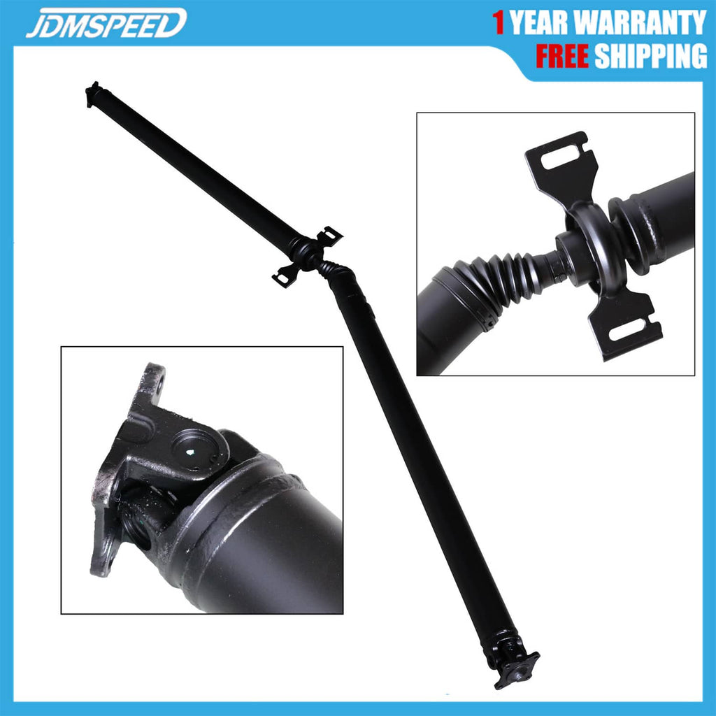 Rear prop shaft assembly with rubber boot and mounting brackets, black driveshaft.