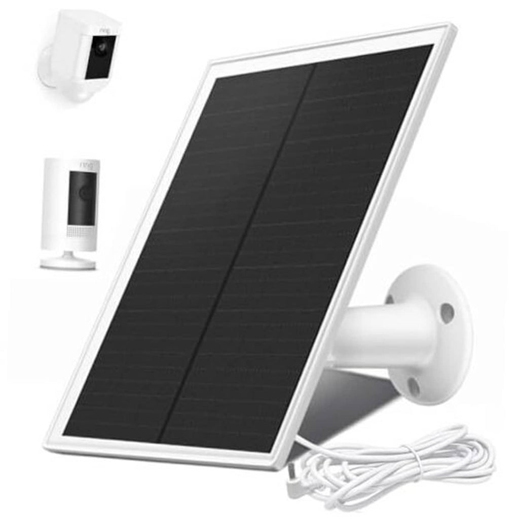 White solar panel charger with wall mount and coiled charging cable for outdoor camera