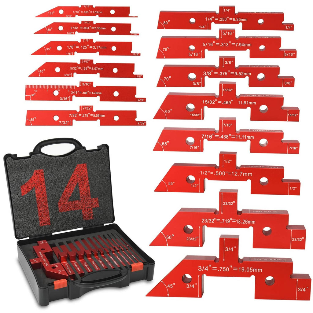 14-piece red aluminum woodworking setup block set with black storage case