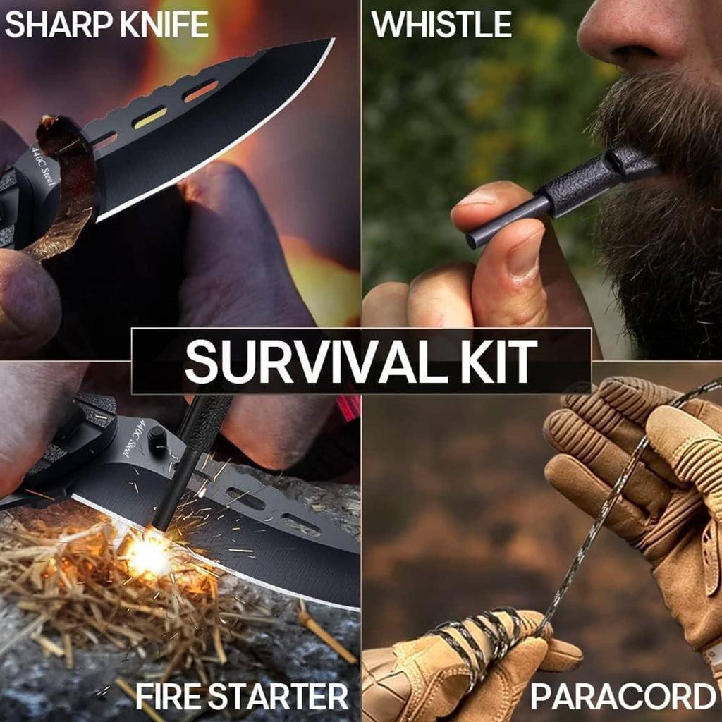 Folding survival knife with black handle, paracord wrap, fire starter and whistle tip