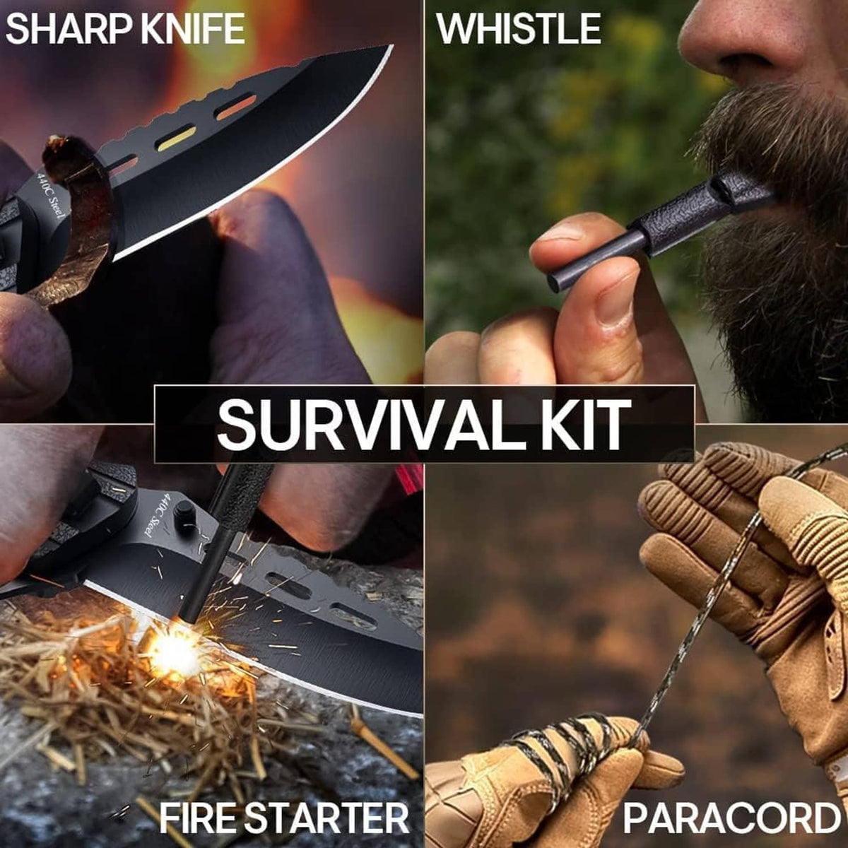 Folding survival knife with black handle, paracord wrap, fire starter and whistle tip