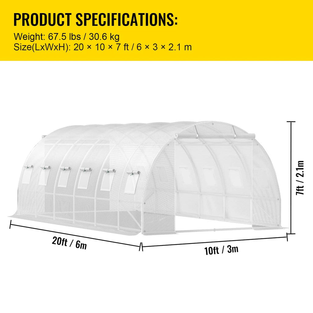 Tunnel greenhouse with white cover on galvanized frame, size 20 x 10 x 7 ft