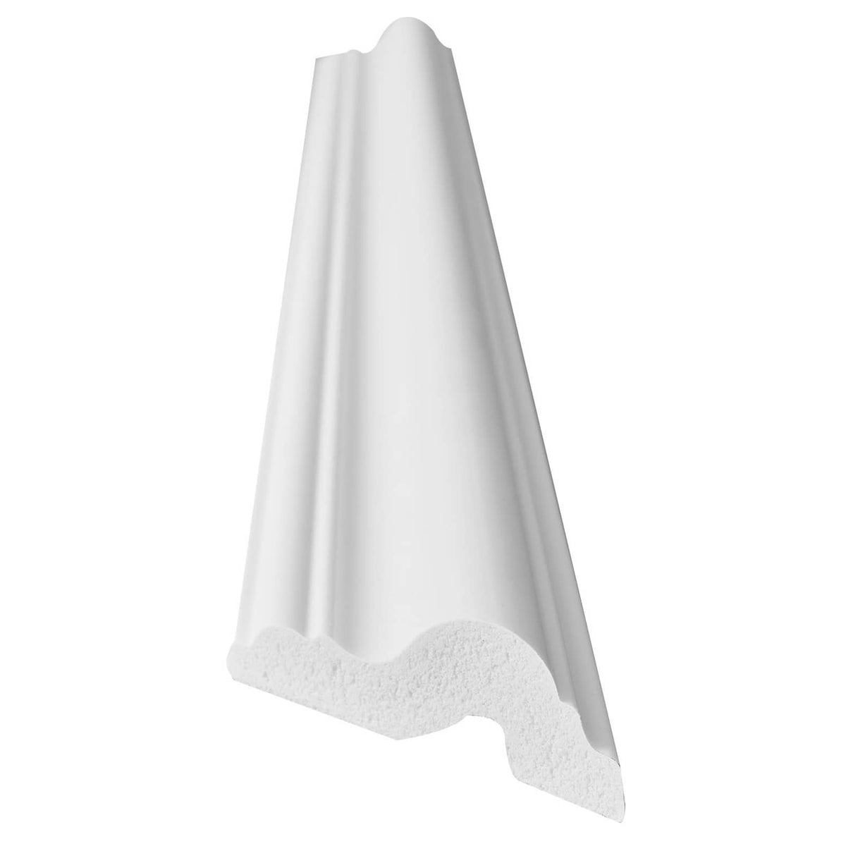 White wall molding trim strip profile with curved bottom edge and side ridges