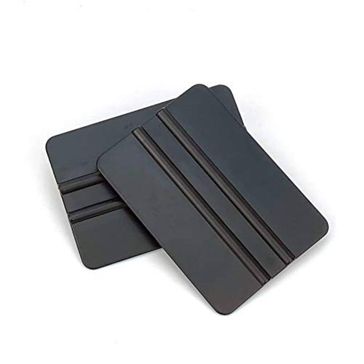 Pack of three black vinyl squeegee scrapers with ribbed rectangular blades.