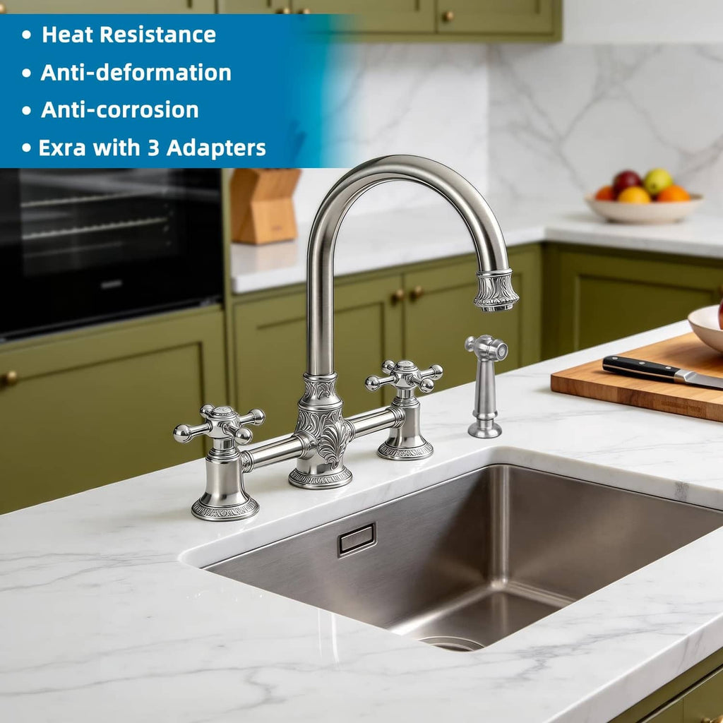 Brushed nickel kitchen sink sprayer faucet with curved spout and dual control knobs