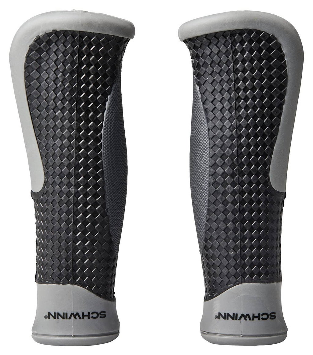 Pair of ergonomic bike grips with black textured center and gray cushioned ends