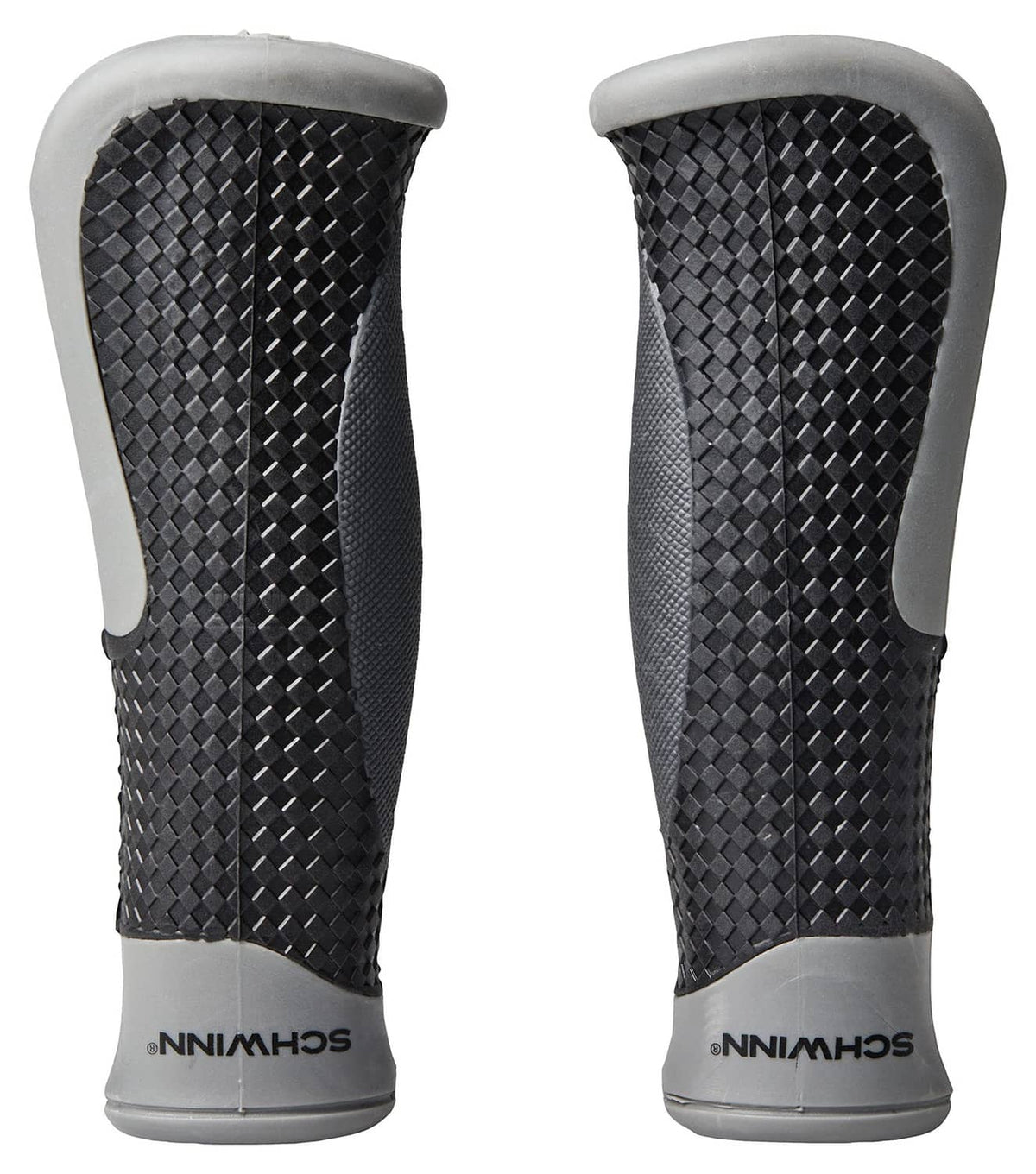 Pair of ergonomic bike grips with black textured center and gray cushioned ends