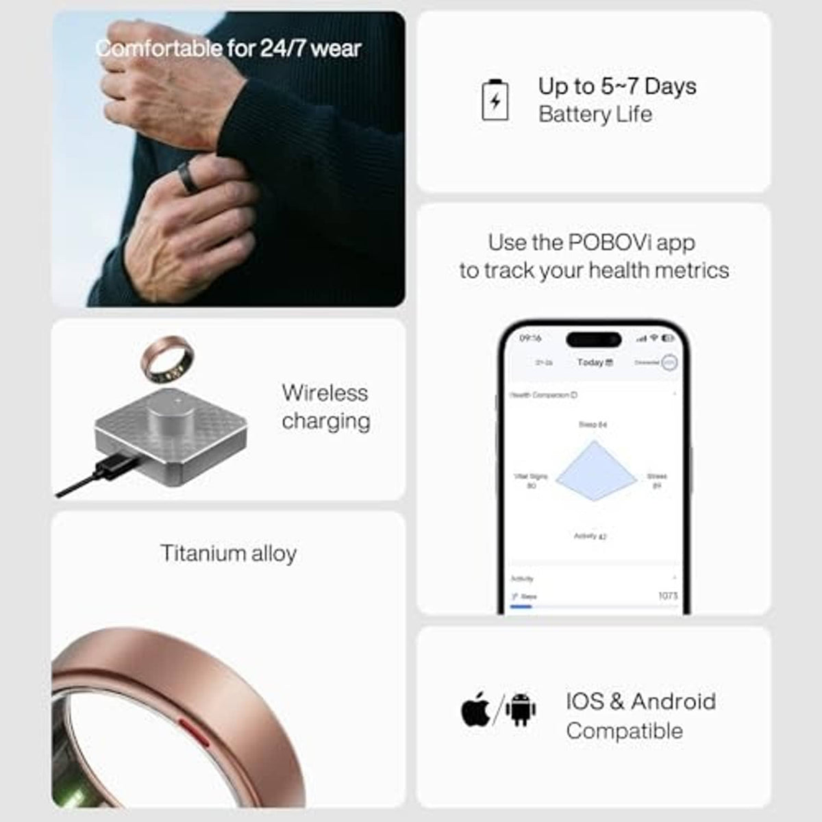 Matte rose gold titanium smart ring with wireless charging and health-tracking display