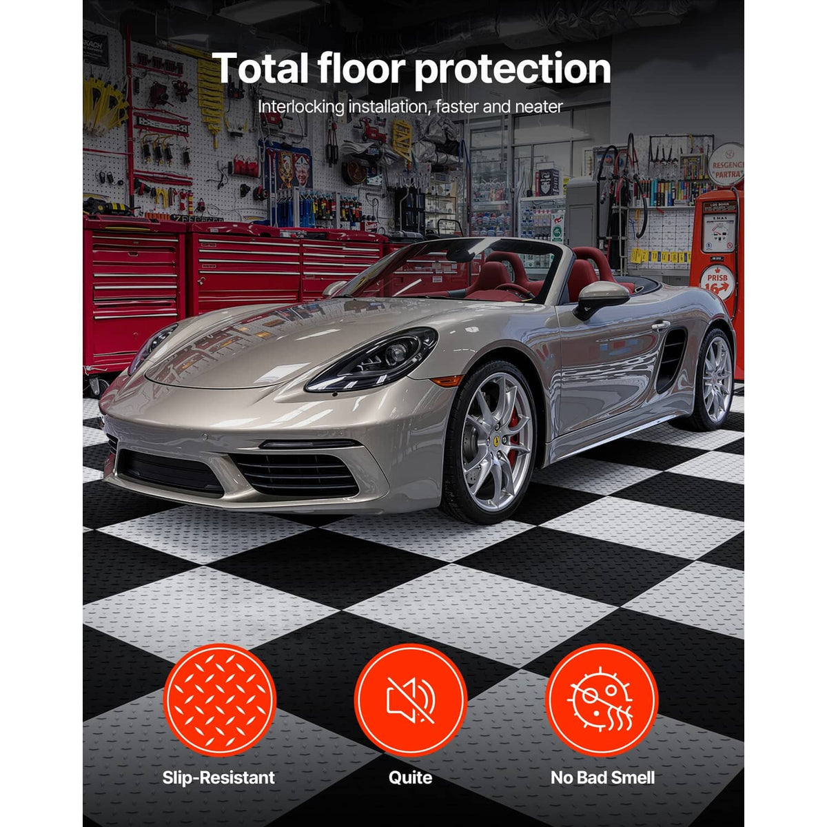 Gray PVC interlocking floor tiles shown on a checkered garage floor