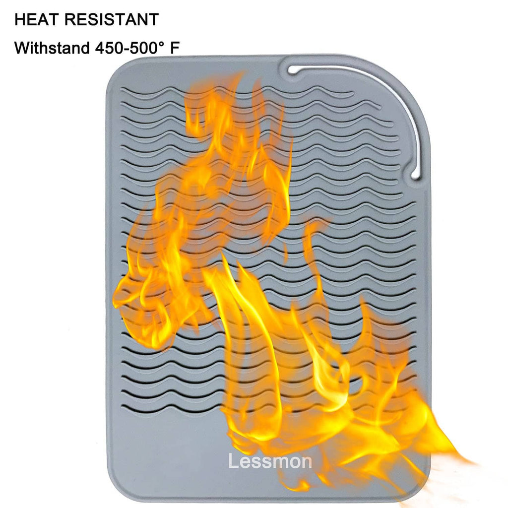 Gray heat-resistant silicone mat with wavy ridges, heat-protection shown with flame graphic