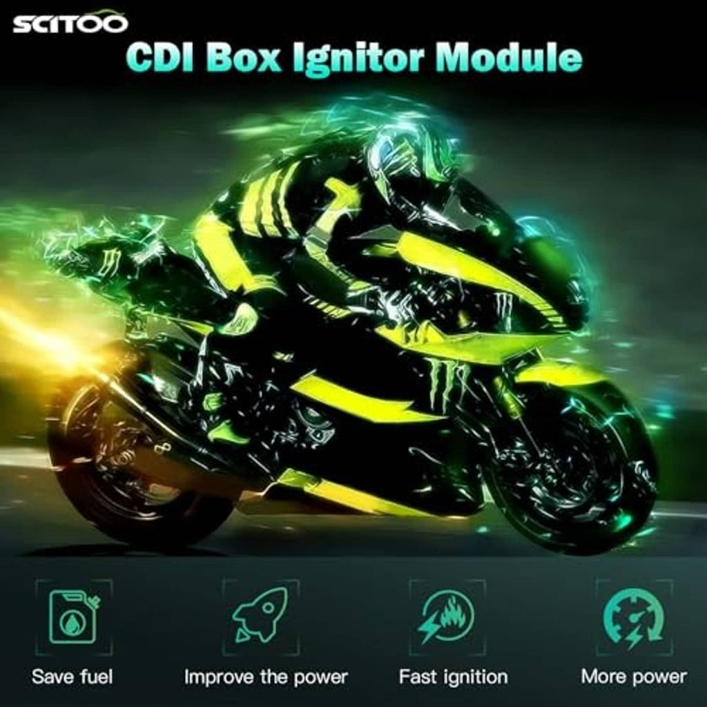 CDI ignition module mounted on a motorcycle, compact dark box with electrical connector.