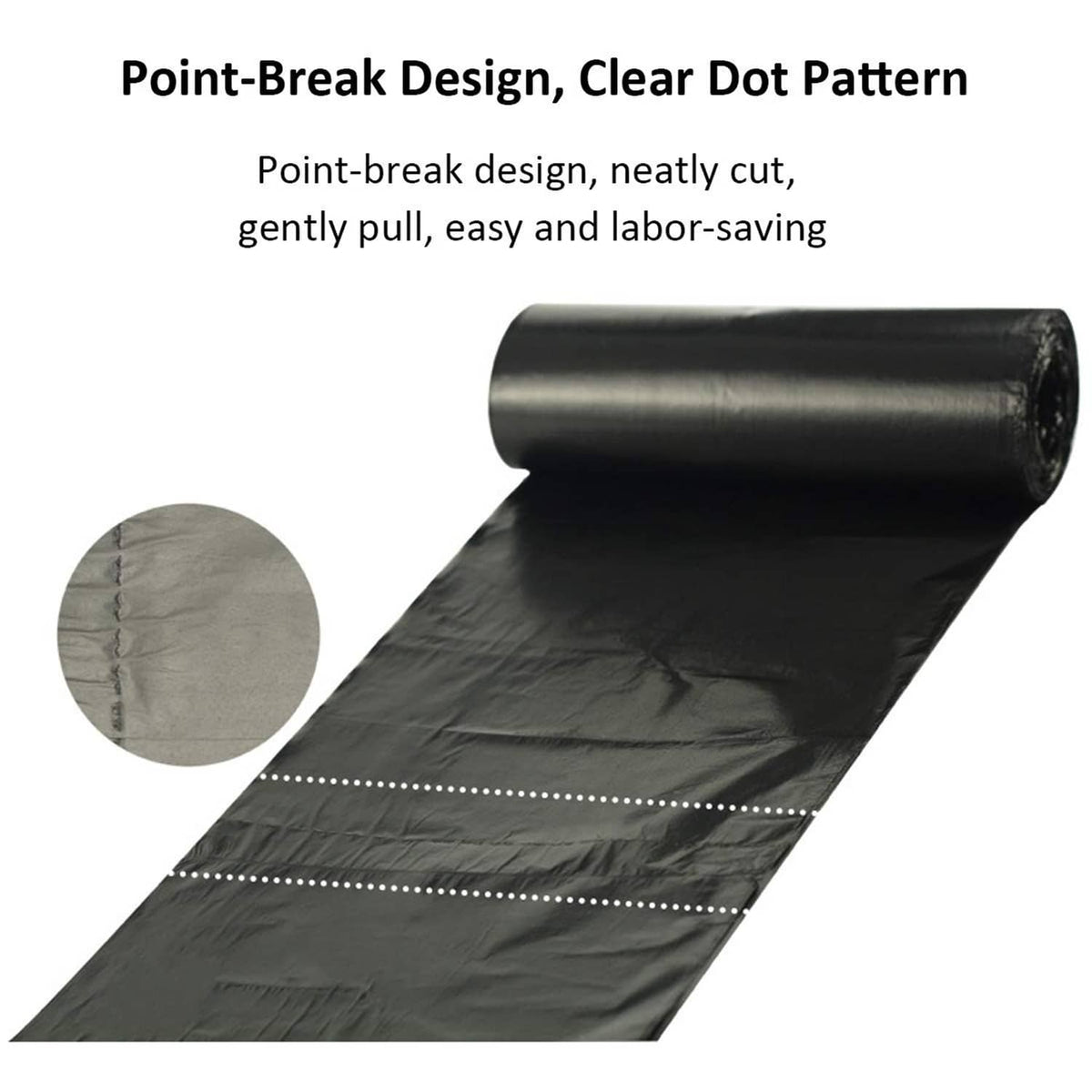Black trash bag roll with point-break cutting design and dot pattern