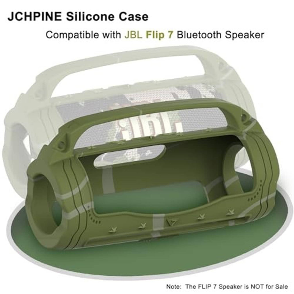 Green silicone case with open handle cutout for JBL Flip 7; case shown only