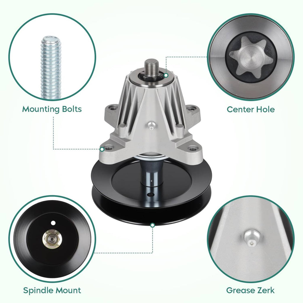 Deck spindle assembly with mounting bolts, center hole, and grease zerk fitting