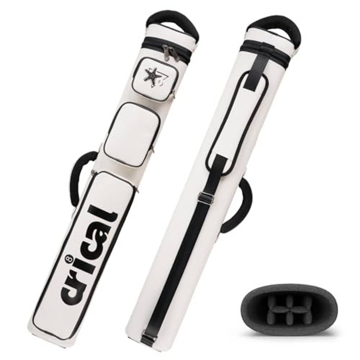 White pool cue case with carry handle, black binding, and padded storage for 2 butts, 4 shafts
