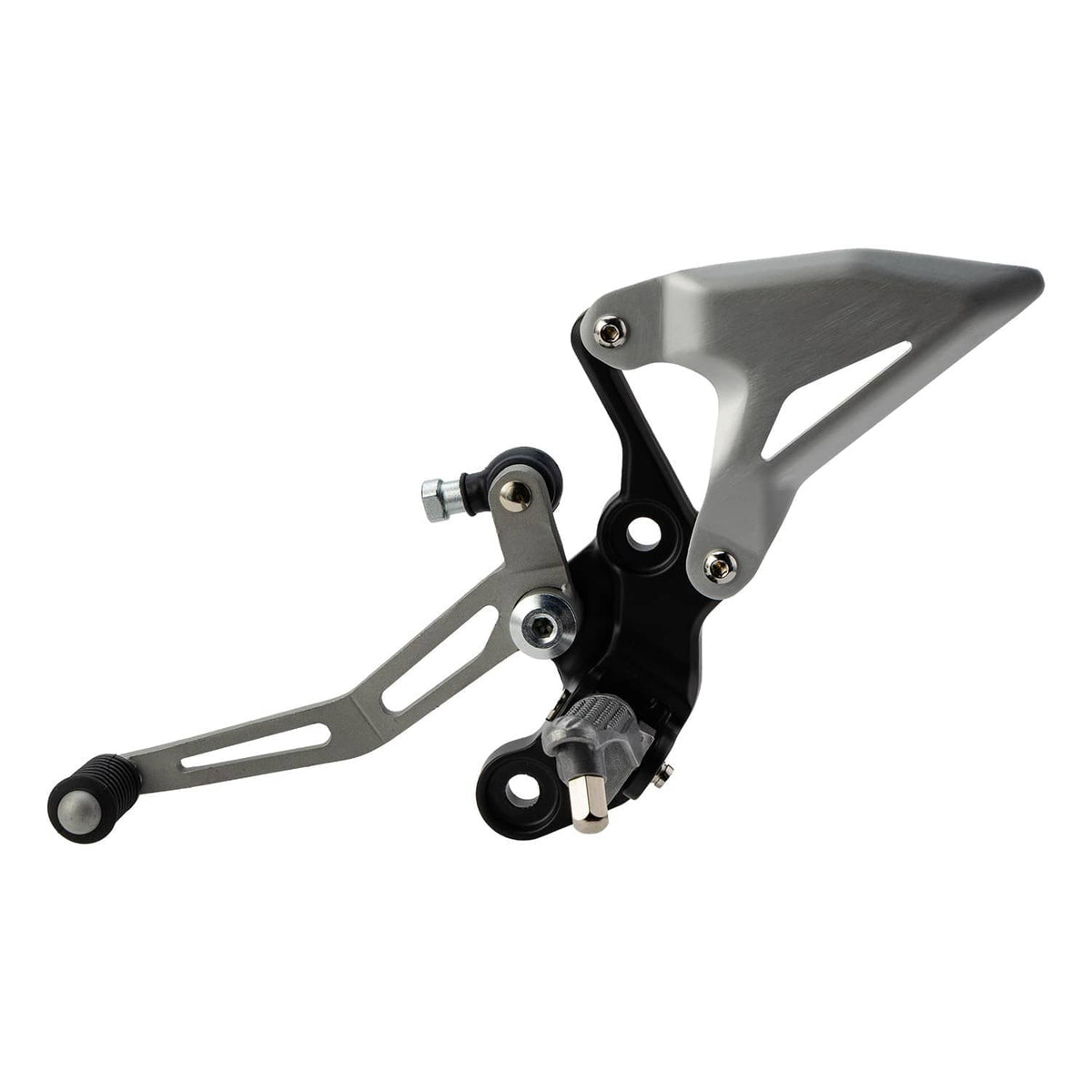 Motorcycle driver foot peg bracket with black rubber peg and silver mounting hardware