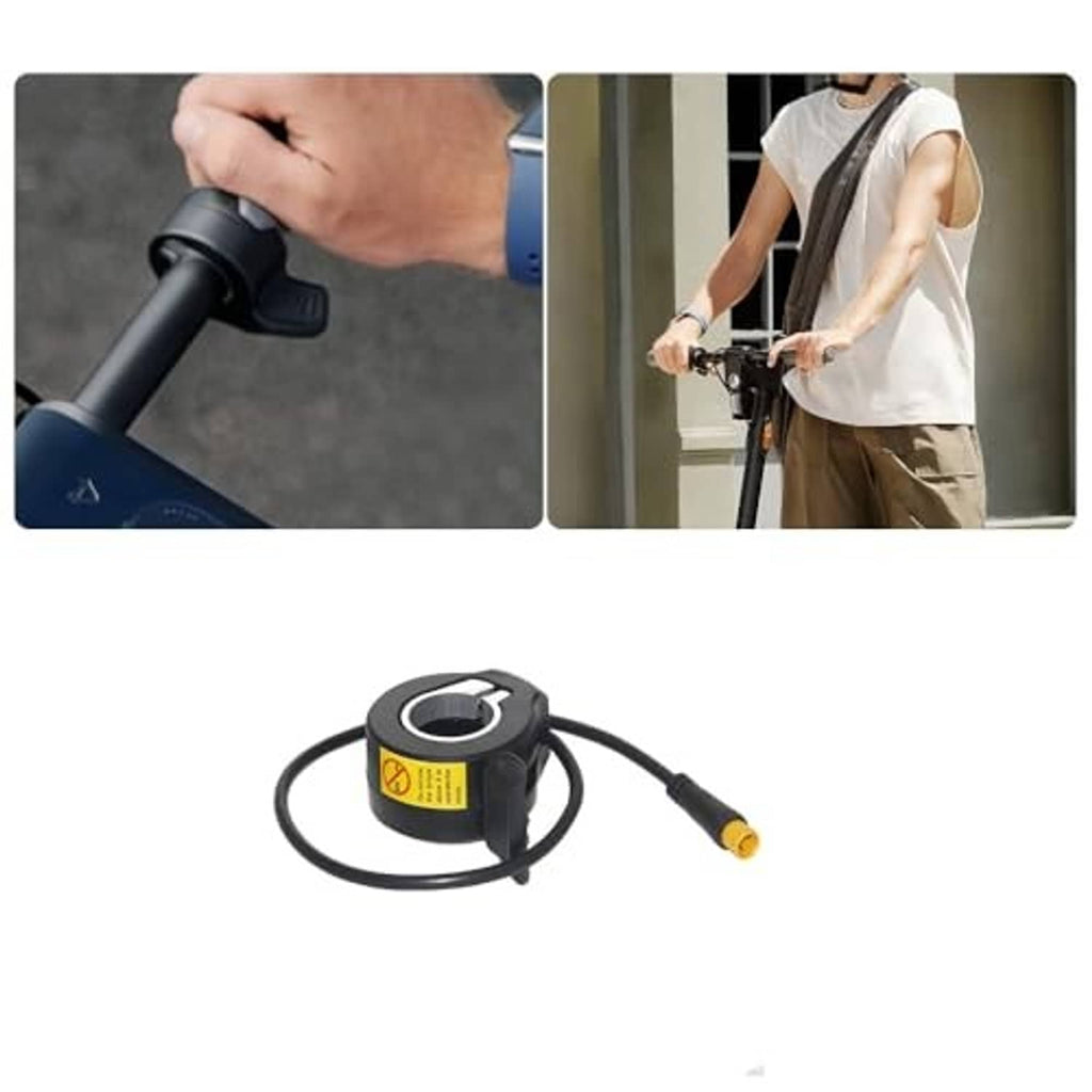 Black throttle coil with cable and handlebar clamp, yellow warning label