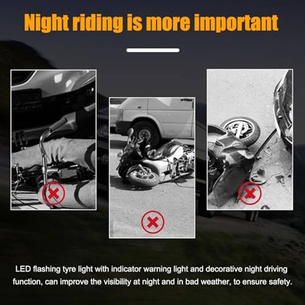 Red LED tire valve stem lights showing safe night visibility with warning symbols