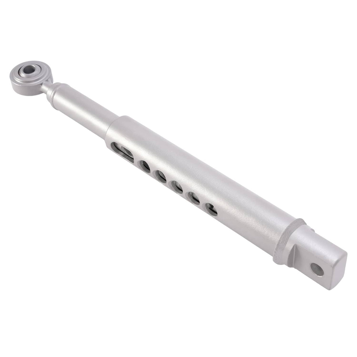 3-point lift link hitch stabilizer bar with center collar and multiple holes, silver metal
