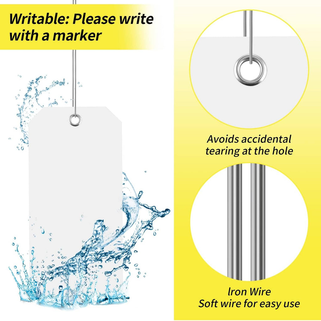White write-on shipping tag with metal wire loop for hanging
