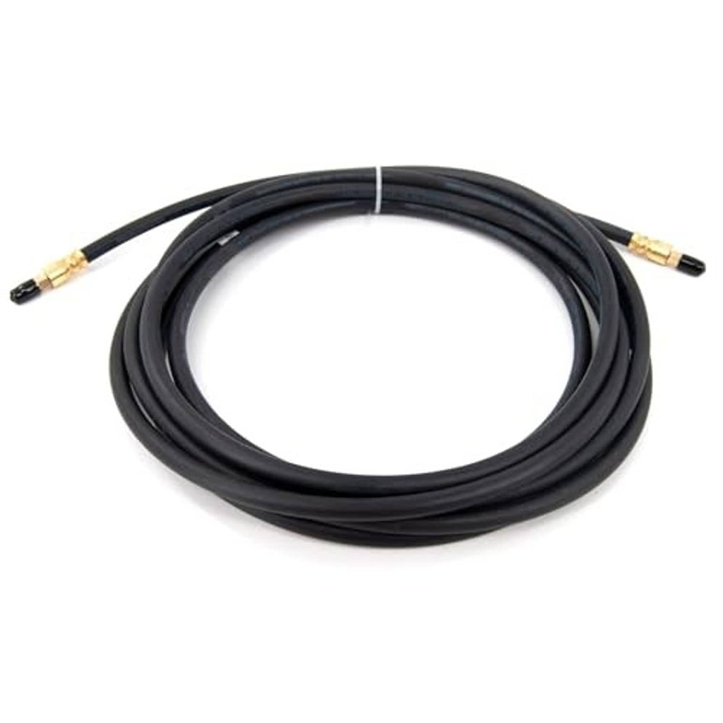 Coiled black brake hose with gold end fittings for boat trailer