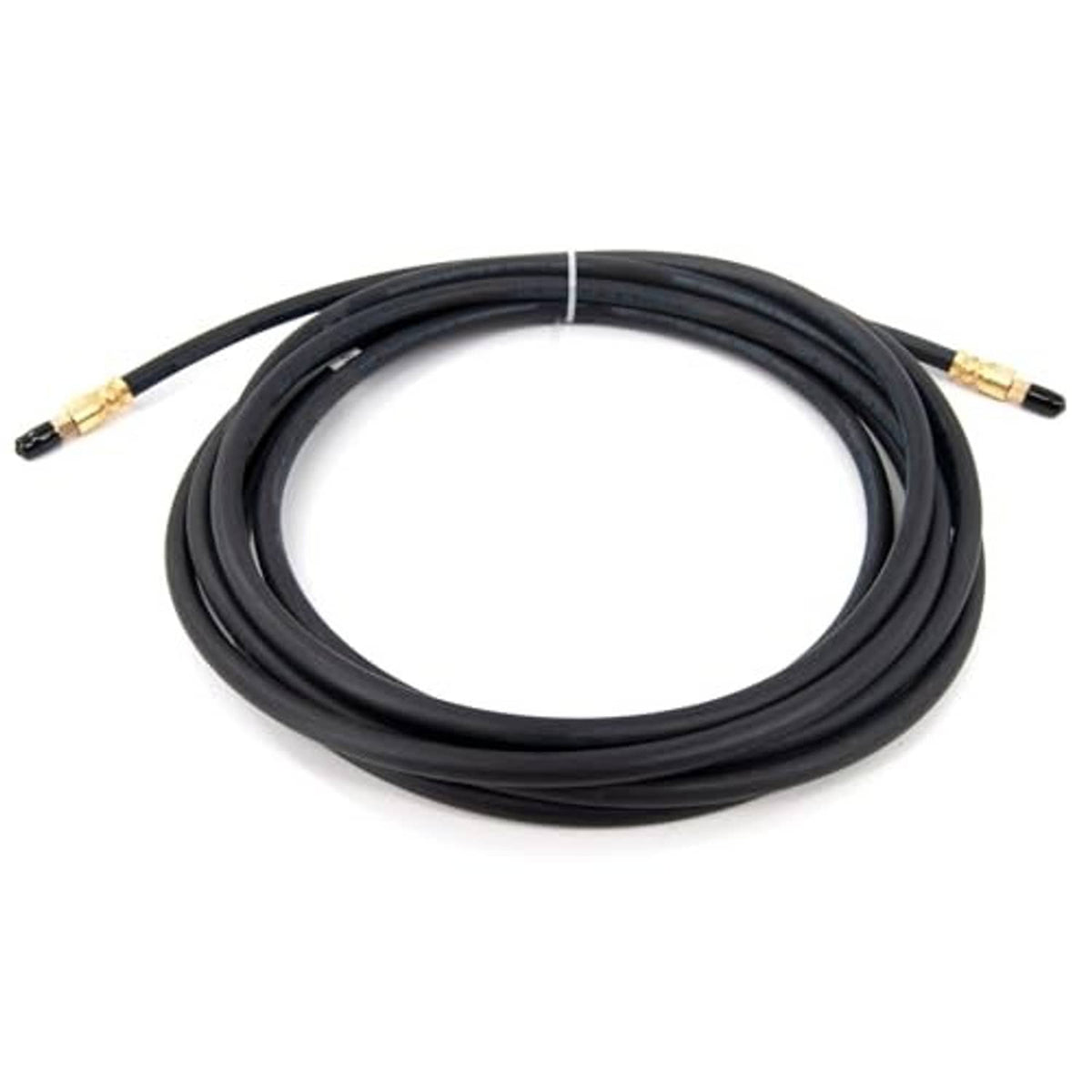 Coiled black brake hose with gold end fittings for boat trailer