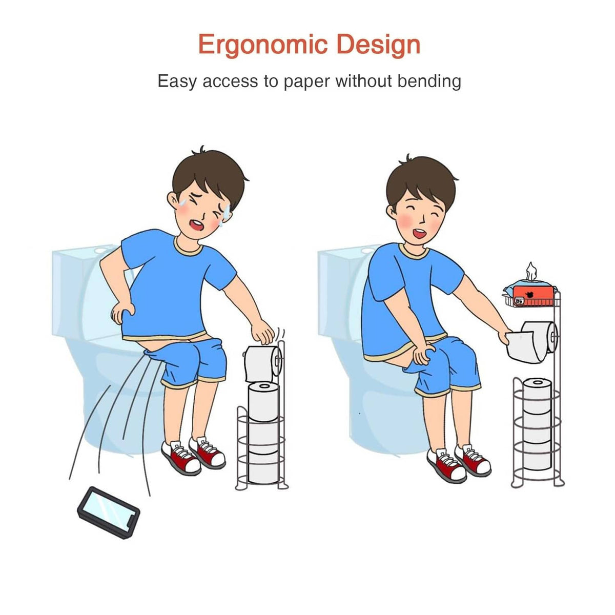 Ergonomic design illustration showing easy access to a toilet paper holder