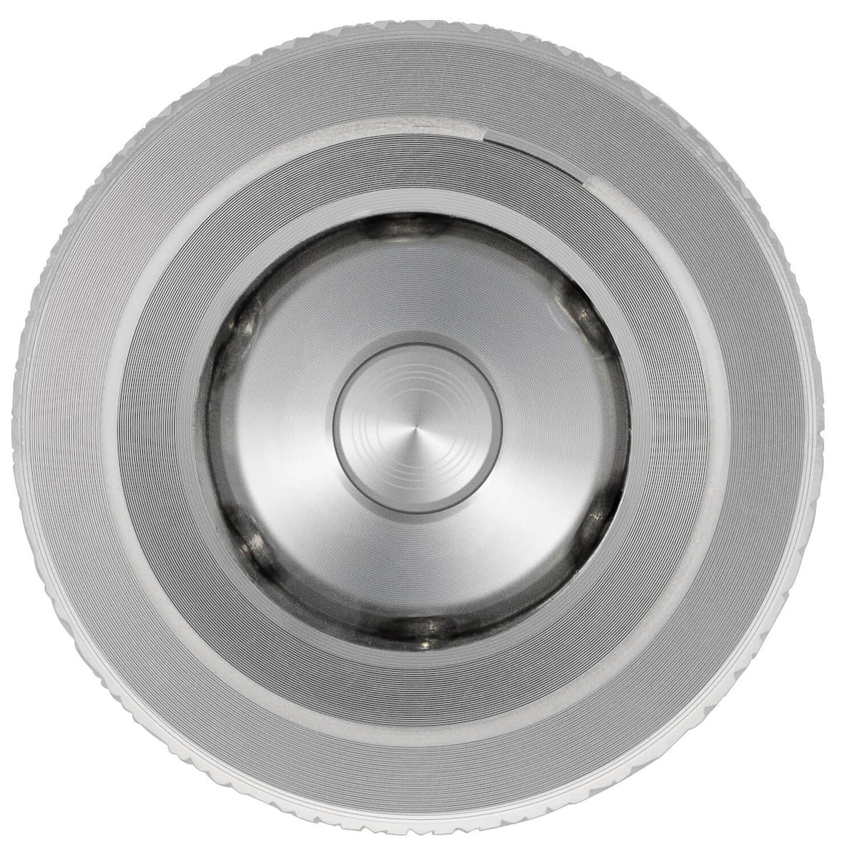 Steel quick coupler end view showing round port opening with inner recess