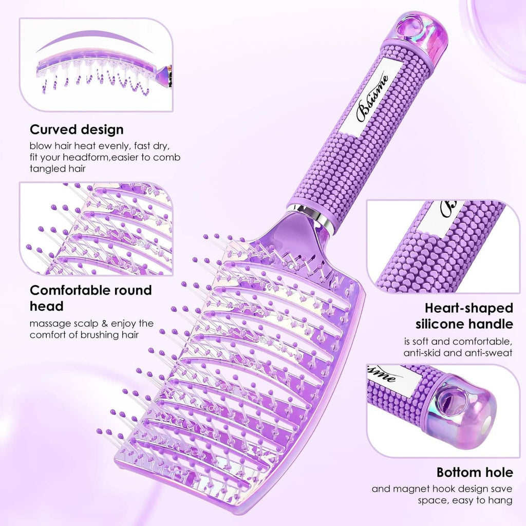 Purple curved vent hair brush with round head, anti-slip grip handle, and clips