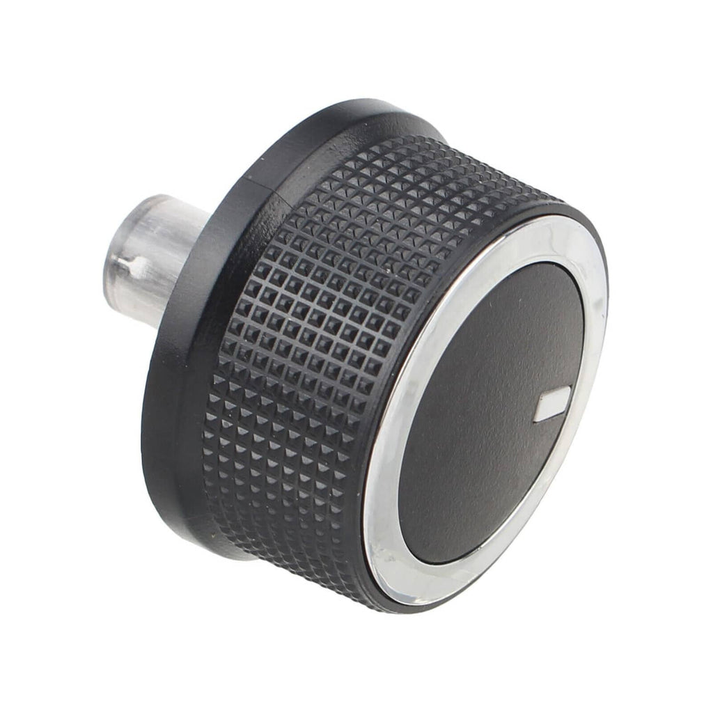 Angled view of black HVAC temperature control knob with textured grip and silver rim