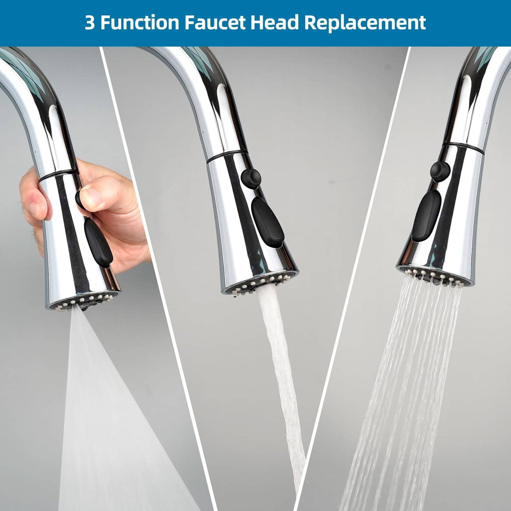 Chrome faucet sprayer head delivering stream and spray water from black buttons
