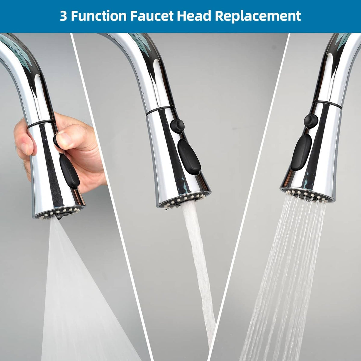 Chrome faucet sprayer head delivering stream and spray water from black buttons