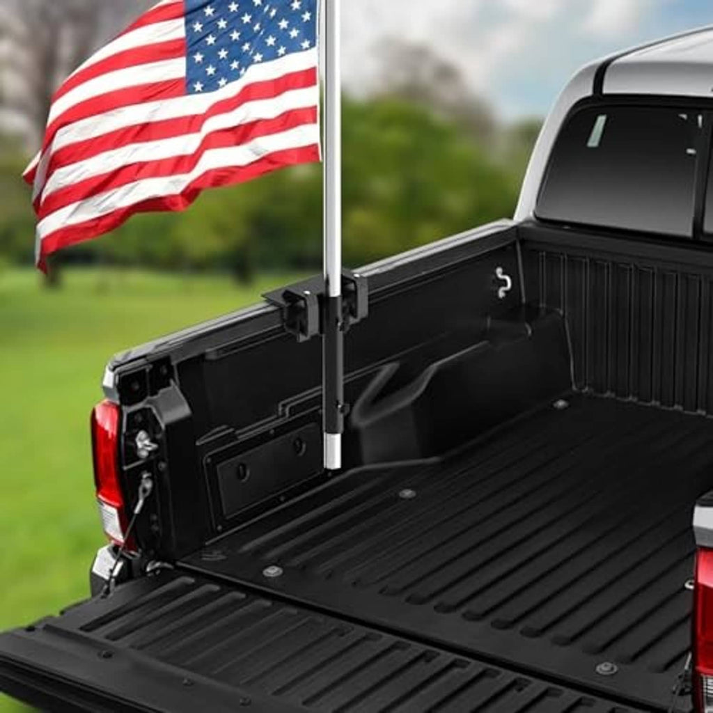 Universal flag pole mount holder installed on pickup bed side rail with black brackets