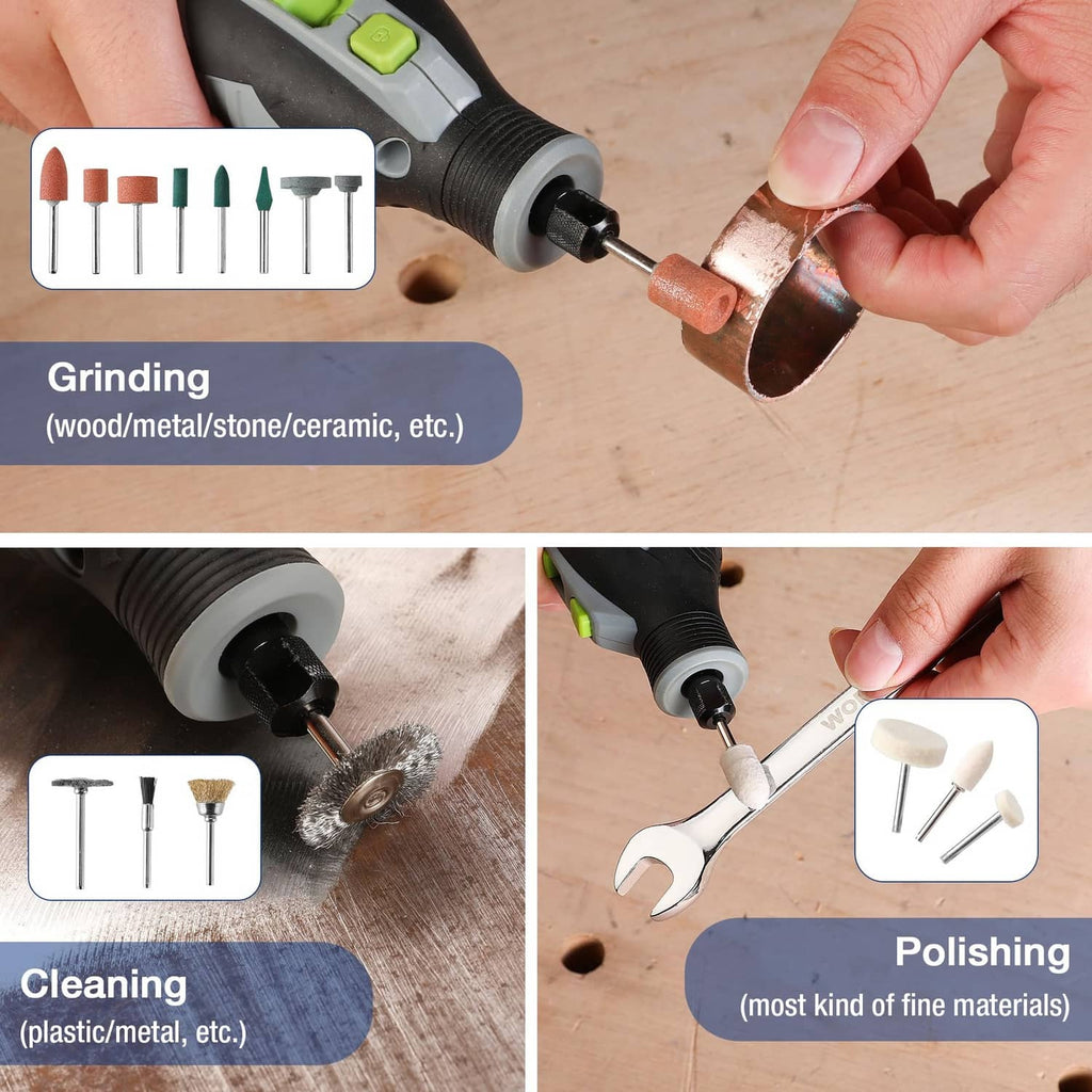 Rotary tool accessory set for grinding, cleaning, and polishing on wood and other materials