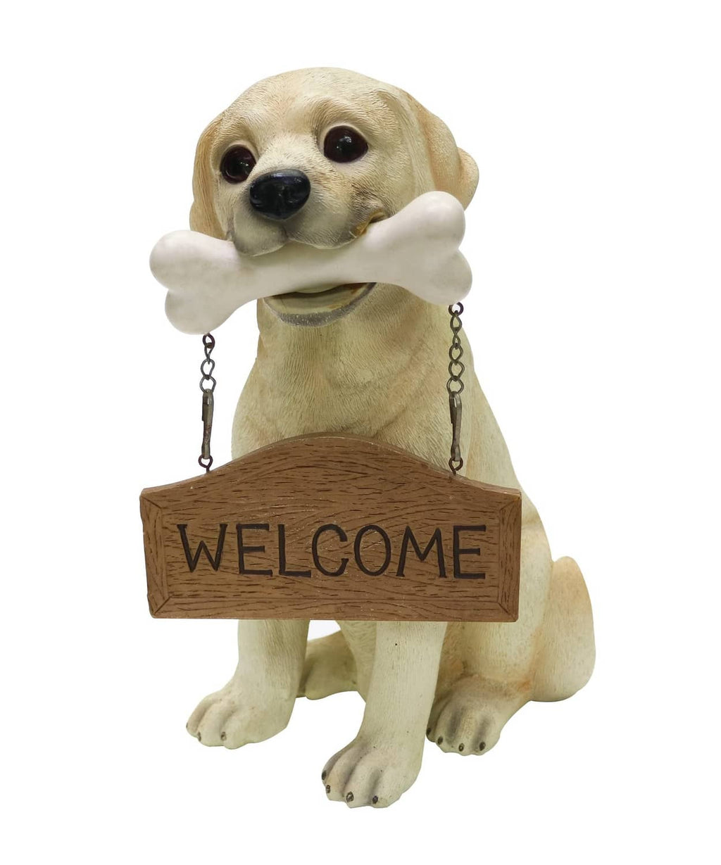 Tan Labrador puppy statue holding a white bone and a hanging “WELCOME” sign