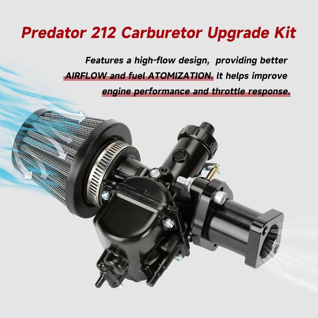 Black carburetor upgrade kit with air filter and throttle linkage