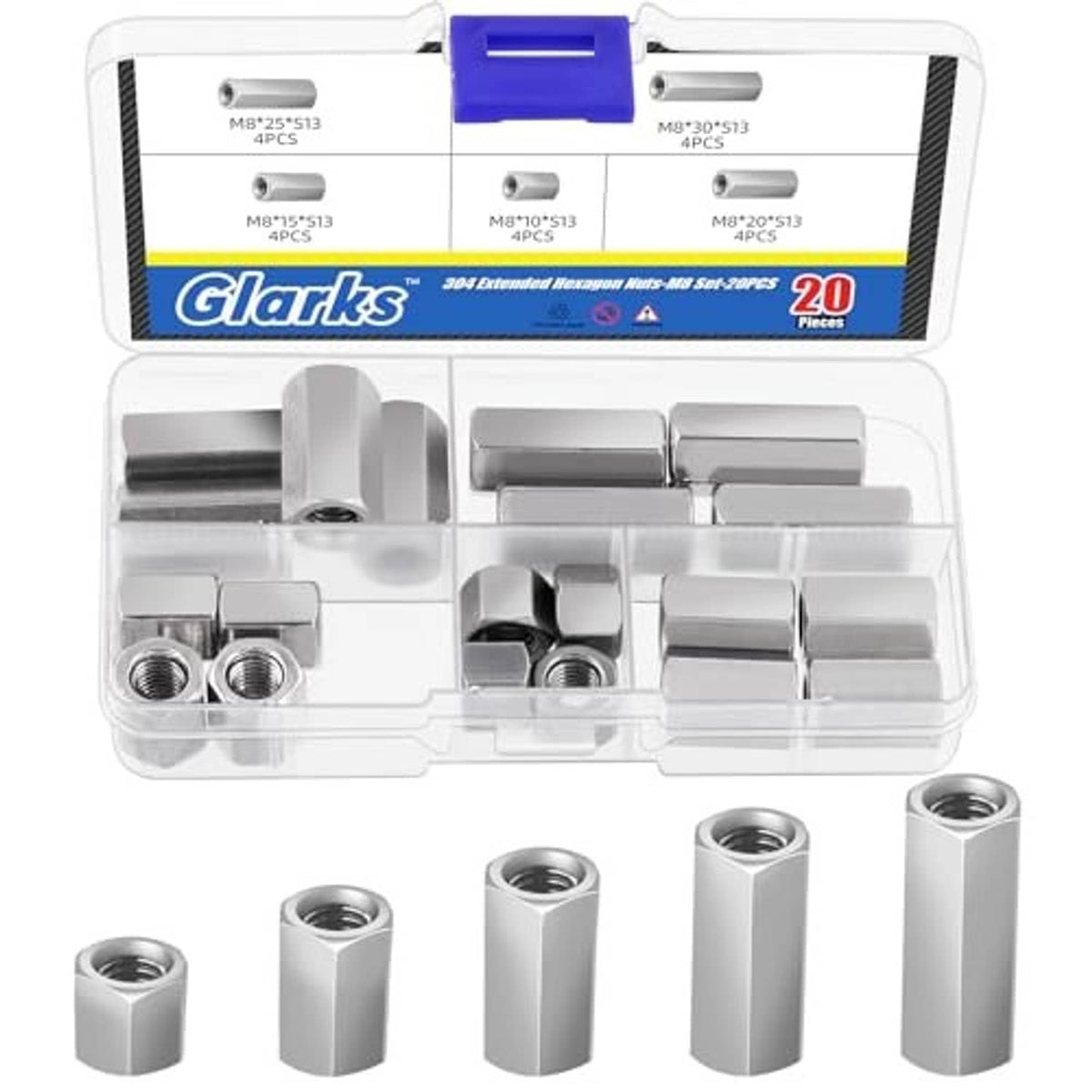 304 stainless steel extended hex coupling nuts set with multiple nuts and storage box