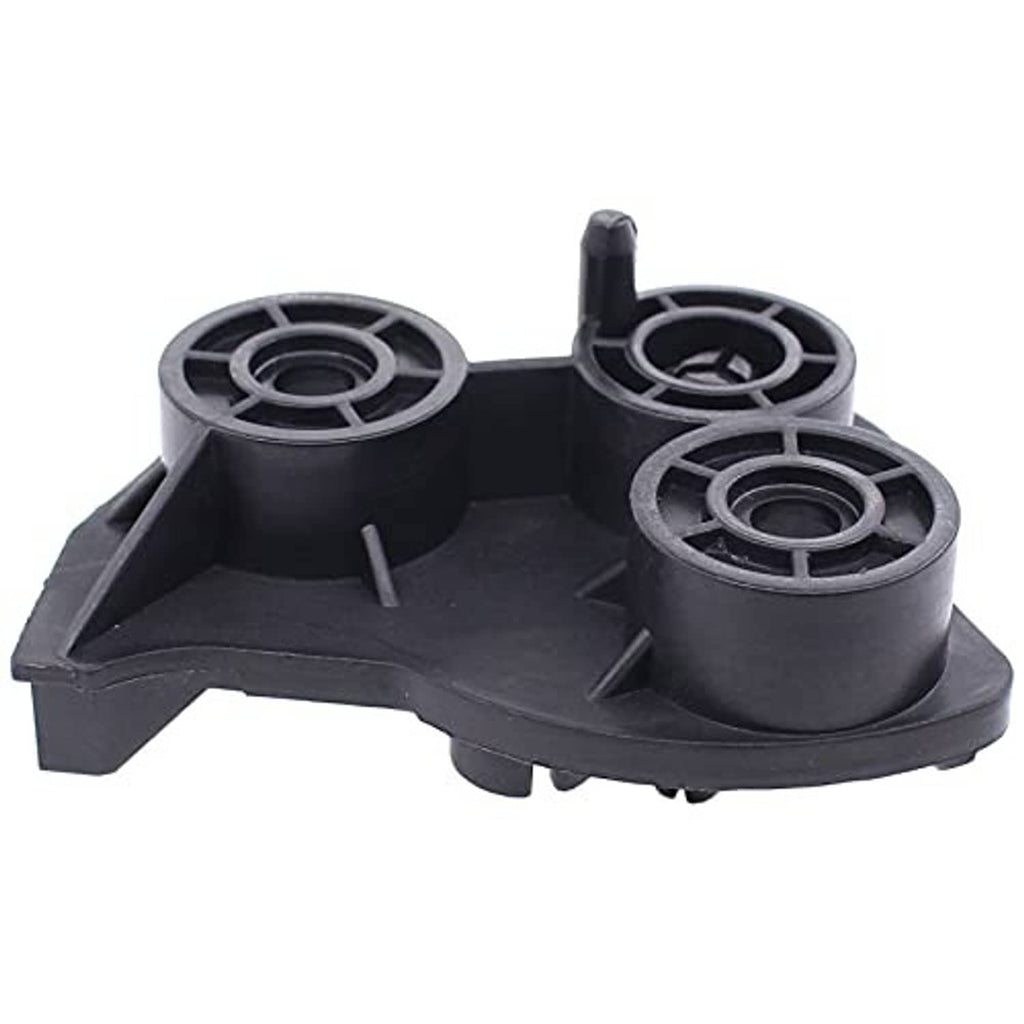 Hood latch release handle base with black plastic frame and three round guide rollers