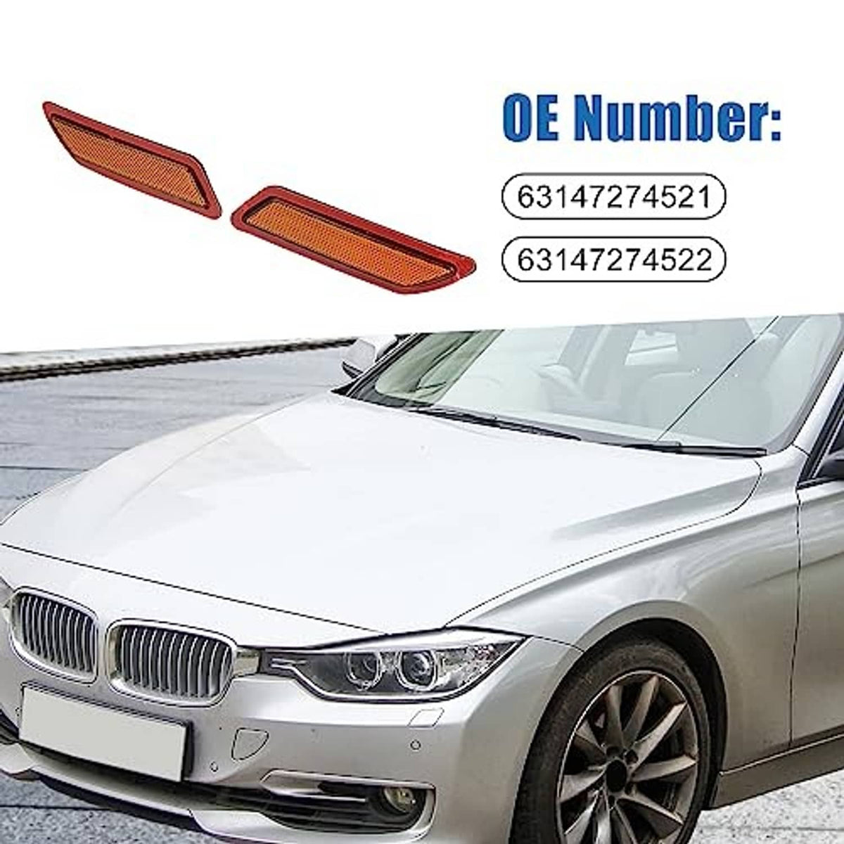 Amber front bumper side marker reflector mounted on a BMW front end
