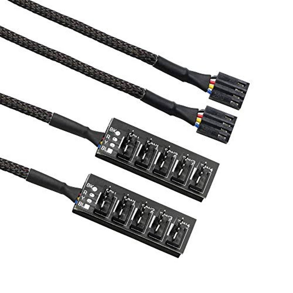 Black braided fan hub splitter cable with two small PCBs and multiple 4-pin ports