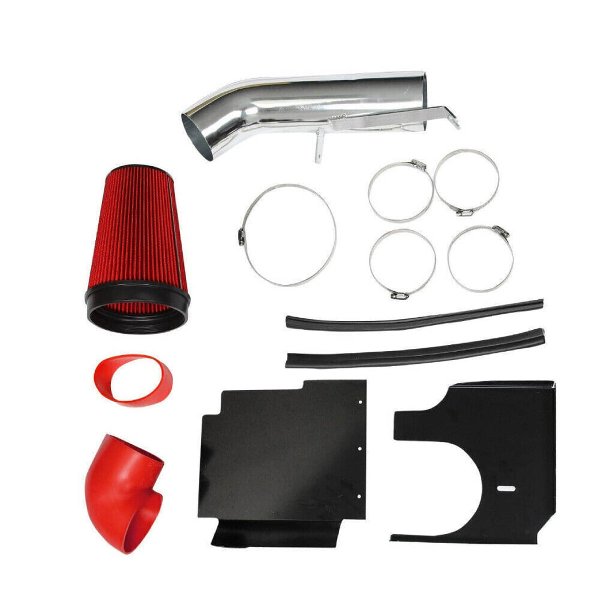 Cold air intake kit set with red cone filter, silver tube, black hoses, and shields