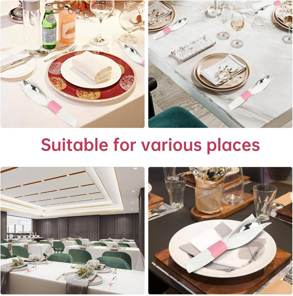 Pink paper napkin bands used on place settings for events