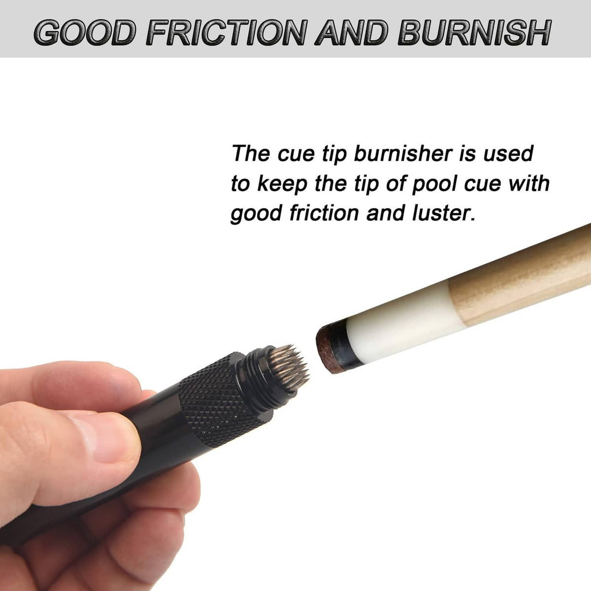 Cue tip burnisher with textured grip and pricker head for pool cue tips
