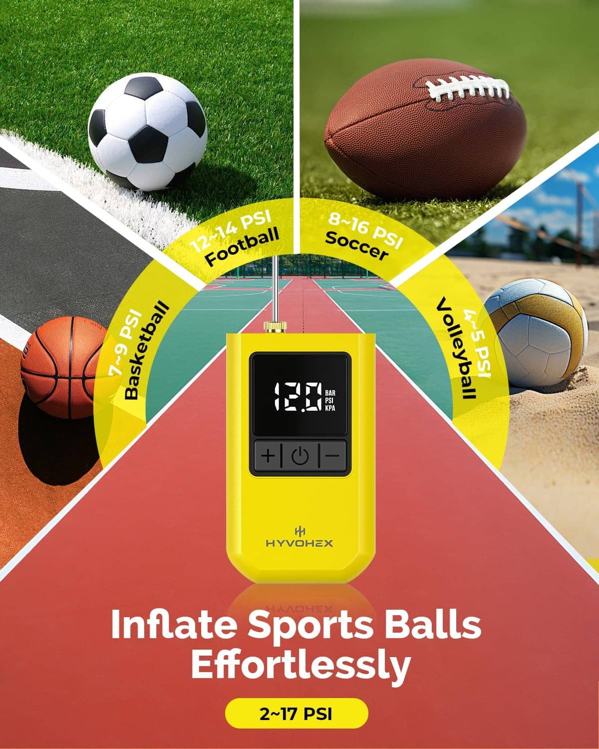 Yellow electric ball pump with digital screen showing PSI and KPA pressure units