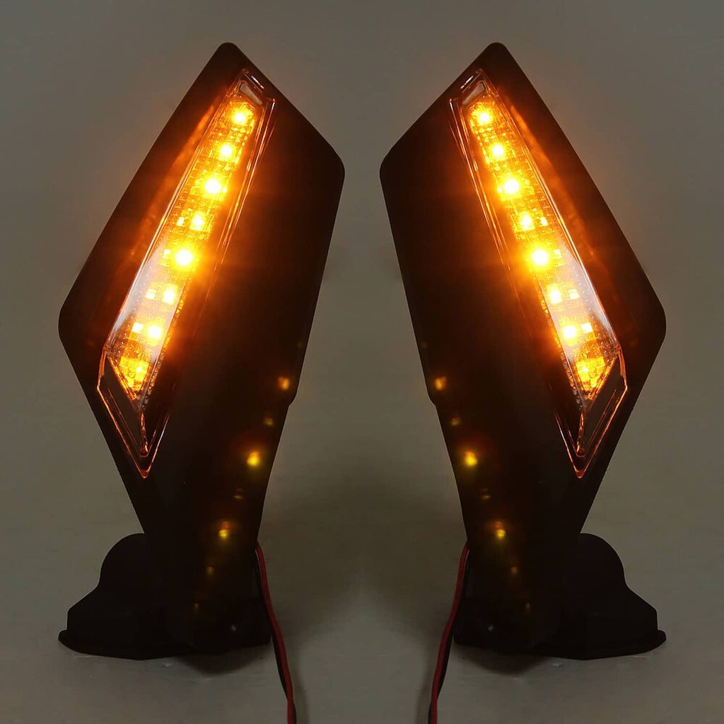 Two black UTV rearview mirrors illuminated with amber LED strips