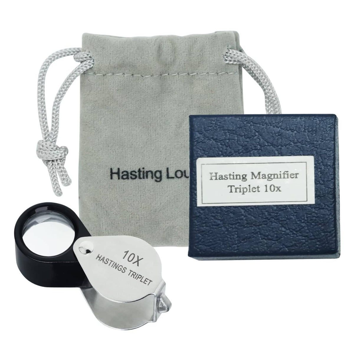 10X triplet loupe with black lens and silver body, in gray drawstring pouch