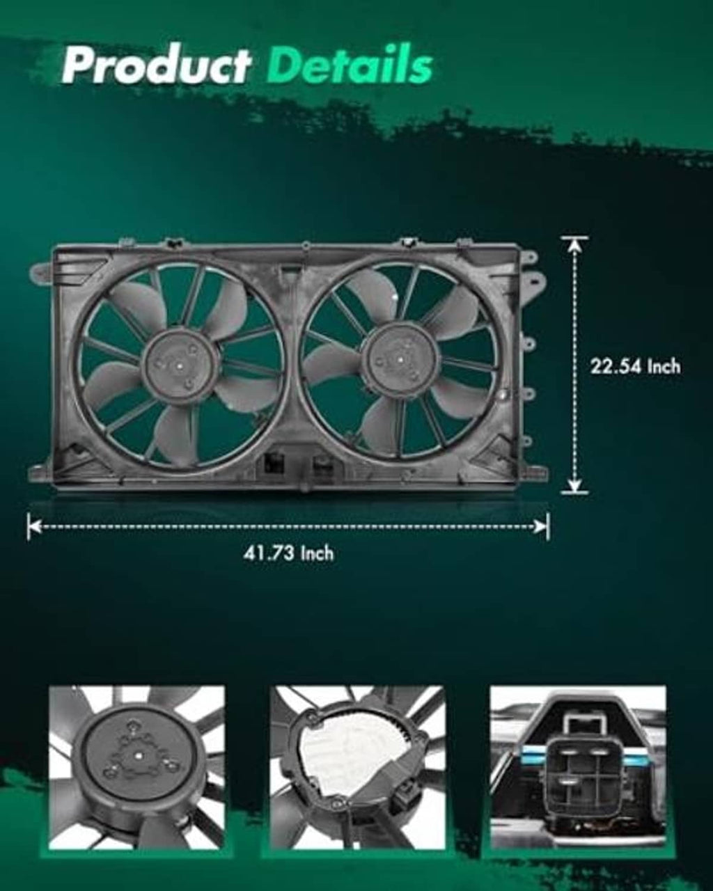 Dual engine cooling fan assembly with size diagram and two round fan motors