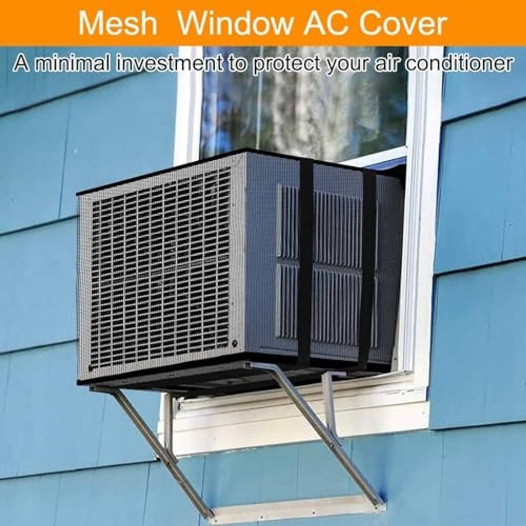 Mesh window AC cover fitted over outdoor condenser housing on an exterior wall